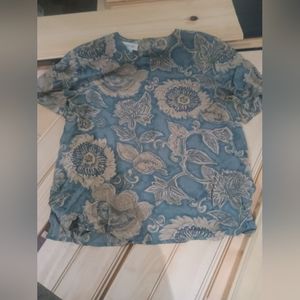 Womens Floral Short-Sleeve Top - Blue and Beige